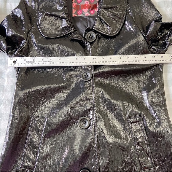 BB DAKOTA black trench coat glossy 60’s 70’s faux patin leather jacket med - Picture 13 of 16